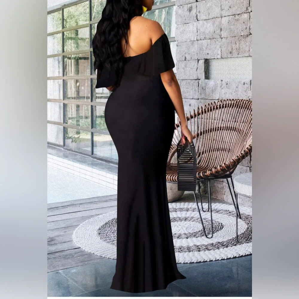 NEW Off The Shoulder Maxi Dress Black Ruffle Evening Party Long Dress Size L - Picture 5 of 12